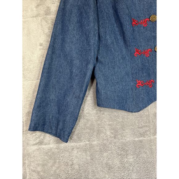 Sharon Young Denim Jacket Medium Blue Red Military Crop Ranch Western Y2K Vtg US - Picture 4 of 10